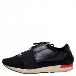 Pre Owned Balenciaga Black Mesh And Leather Race Runner Low Top Sneakers Size 44