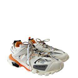 Pre Owned Balenciaga White /Orange Leather And Mesh Track Sneakers Size US 11 EU 45 UK 10