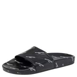Pre Owned Balenciaga Black Logo Stamped Leather Slide Sandals Size 39
