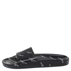 Pre Owned Balenciaga Black Logo Stamped Leather Slide Sandals Size 39
