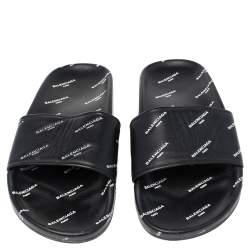 Pre Owned Balenciaga Black Logo Stamped Leather Slide Sandals Size 39
