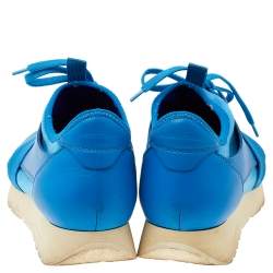 Pre Owned Balenciaga Blue Knit Fabric And Leather Race Runner Low Top Sneakers Size 41