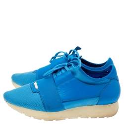 Pre Owned Balenciaga Blue Knit Fabric And Leather Race Runner Low Top Sneakers Size 41