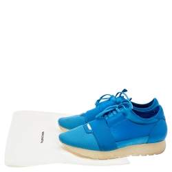 Pre Owned Balenciaga Blue Knit Fabric And Leather Race Runner Low Top Sneakers Size 41