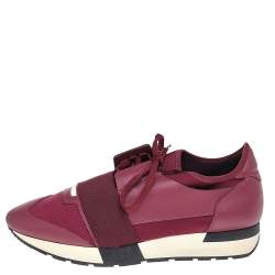 مملوكة مسبقًا Balenciaga Burgundy Leather And Knit Fabric Race Runner Low Top Sneakers Size 41