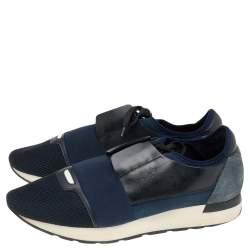 مملوكة مسبقًا Balenciaga Navy Blue/Black Leather and Mesh Race Runner Sneakers Size 43