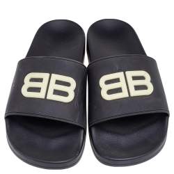 Pre Owned Balenciaga Black Rubber BB Logo Slide Sandals Size 45