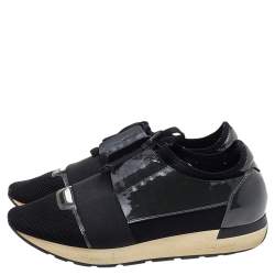 Pre Owned Balenciaga Black/Olive Green Patent Leather And Mesh Race Runner Low Top Sneakers Size 41