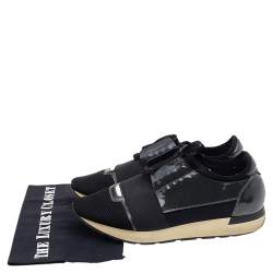 Pre Owned Balenciaga Black/Olive Green Patent Leather And Mesh Race Runner Low Top Sneakers Size 41