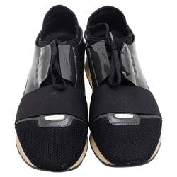 Pre Owned Balenciaga Black/Olive Green Patent Leather And Mesh Race Runner Low Top Sneakers Size 41