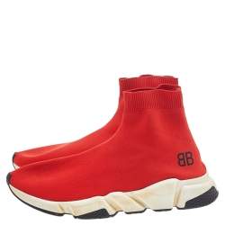 Pre Owned Balenciaga Red Knit Fabric BB Speed Trainer Sneakers Size 43