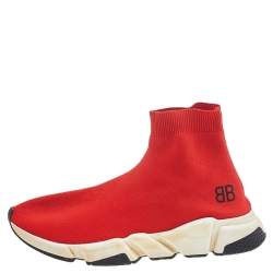 Pre Owned Balenciaga Red Knit Fabric BB Speed Trainer Sneakers Size 43