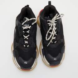 Pre Owned Balenciaga Black/White Mesh And Leather Triple S Sneakers 42