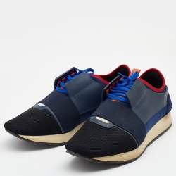 مملوكة مسبقًا Balenciaga Blue Mesh And Leather Race Runner Low Top Sneakers Size 45