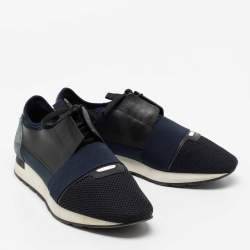 Pre Owned حذاء رياضي بالنسياغا ريس رونر جلد وشبك أزرق/أسود بعنق منخفض مقاس 43