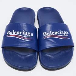 Pre Owned صندل سلايد بالنسياغا جلد أزرق سليب أون مقاس 42