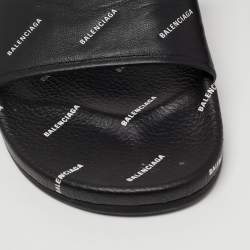 Pre Owned Balenciaga Black Logo Print Leather Slides Size 45