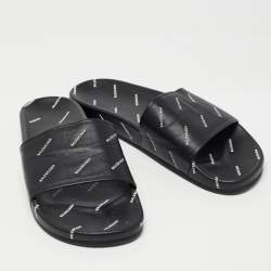 Pre Owned Balenciaga Black Logo Print Leather Slides Size 45