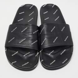 Pre Owned Balenciaga Black Logo Print Leather Slides Size 45