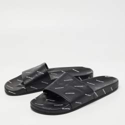 Pre Owned Balenciaga Black Logo Print Leather Slides Size 45