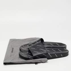 Pre Owned Balenciaga Black Logo Print Leather Slides Size 45