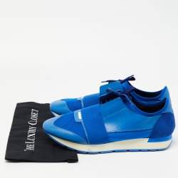 Pre Owned Balenciaga Blue Leather and Mesh Race Runner Sneakers Size 45