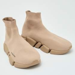 Balenciaga Beige Knit Fabric Speed Trainer Slip On Sneakers Size 43