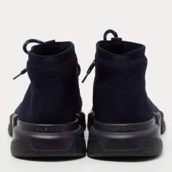 Pre Owned Balenciaga Navy Blue Knit Fabric Speed Trainer Lace Up Sneakers Size 42