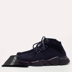 Pre Owned Balenciaga Navy Blue Knit Fabric Speed Trainer Lace Up Sneakers Size 42