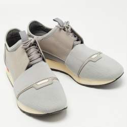 Pre Owned  Balenciaga Grey Knit Fabric and Leather Race Runner Sneakers Size 42