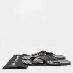 Balenciaga Black Croc Embossed Leather Cosy Slides Size 46