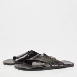 Balenciaga Black Croc Embossed Leather Cosy Slides Size 46