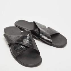 Balenciaga Black Croc Embossed Leather Cosy Slides Size 46