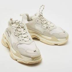 Pre Owned Balenciaga White/Grey Leather and Mesh Triple S Sneakers Size 44