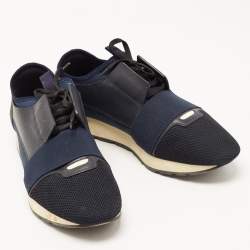 مملوكة مسبقًا Balenciaga Blue Leather and Mesh Race Runner Low Top Sneakers Size 43