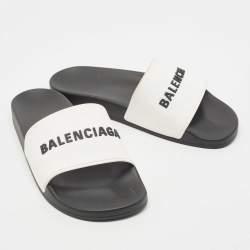 Pre Owned Balenciaga White Rubber Logo Slides Size 44