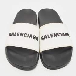Pre Owned Balenciaga White Rubber Logo Slides Size 44