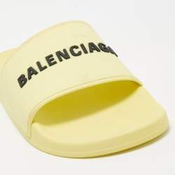 Pre Owned Balenciaga Light Yellow Rubber Logo Slides Size 44