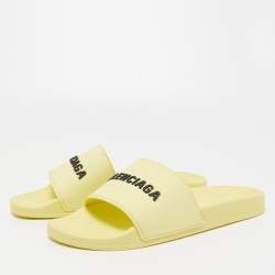 Pre Owned Balenciaga Light Yellow Rubber Logo Slides Size 44