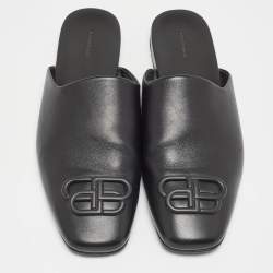 Balenciaga Black Leather Cosy BB Flat Mules Size 43 