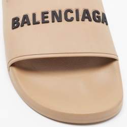 Pre Owned Balenciaga Beige Rubber Logo Pool Slides Size 43