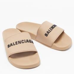 Pre Owned Balenciaga Beige Rubber Logo Pool Slides Size 43