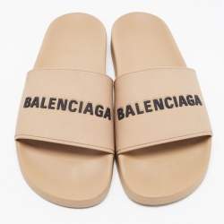 Pre Owned Balenciaga Beige Rubber Logo Pool Slides Size 43