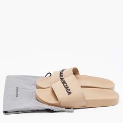 Pre Owned Balenciaga Beige Rubber Logo Pool Slides Size 43