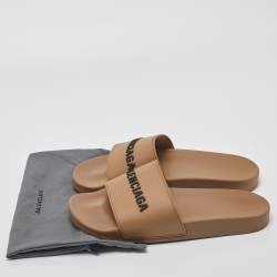 Pre Owned Balenciaga Beige Rubber Logo Pool Slides Size 44