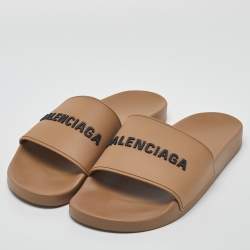 Pre Owned Balenciaga Beige Rubber Logo Pool Slides Size 44