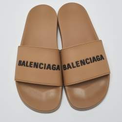 Pre Owned Balenciaga Beige Rubber Logo Pool Slides Size 44