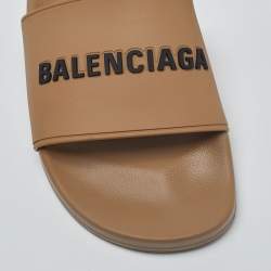 Pre Owned Balenciaga Beige Rubber Logo Pool Slides Size 44