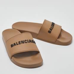 Pre Owned Balenciaga Beige Rubber Logo Pool Slides Size 44