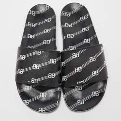 Pre Owned Balenciaga Black/White Rubber All Over Logo Pool Slides Size 44
